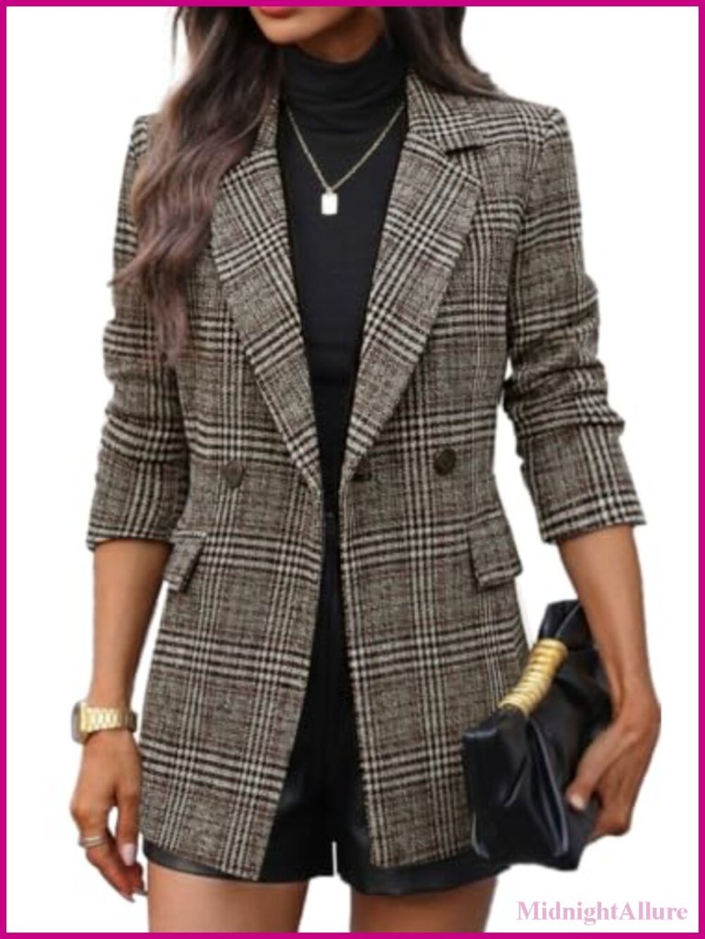 Women's Double-Breasted Tweed Blazer Long Plaid Business Casual
